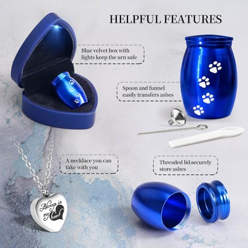 Small Pet Urns for Dog Ashes, Mini Cat Urn for Ashes Keepsake, Tiny Cremation Animal Human Memorial Necklace Loss of Dogs Cat Gifts, Pet Paw Print Urn - Heart Shaped Box with Blue Light