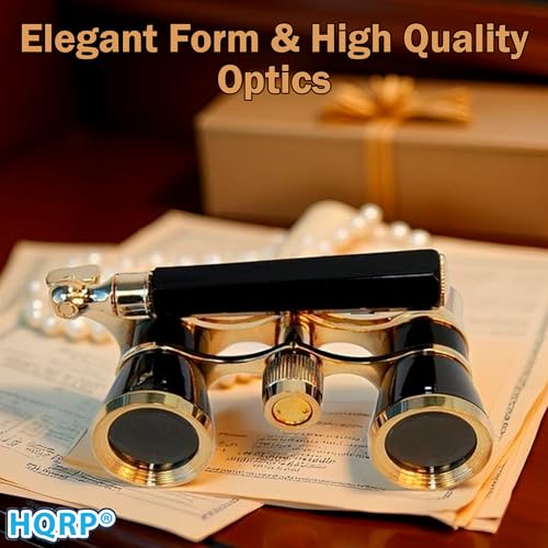 HQRP 3 x 25 Opera Glasses Theater Binoculars, Black with Gold Color Trim, w/Built-in Extendable Handle, Crystal Clear Optics (CCO), for Adults Kids Women in Musical Concert, Gift Box