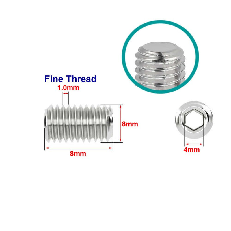 [Australia - AusPower] - Junter 30pcs M8-1.0 x 8mm Pitch Fine Thread Metric A2 Stainless Steel Flat Point Grub Hex Socket Set Screws Metric DIN913 