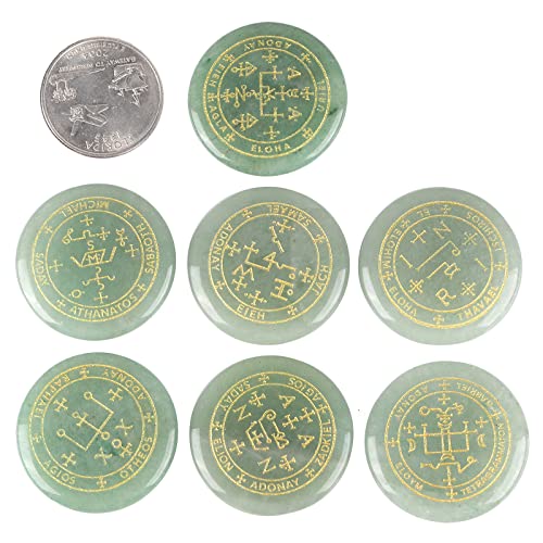 mookaitedecor 7 Piece Stones with Engraved Magic Archangel Symbol Green Green Aventurine