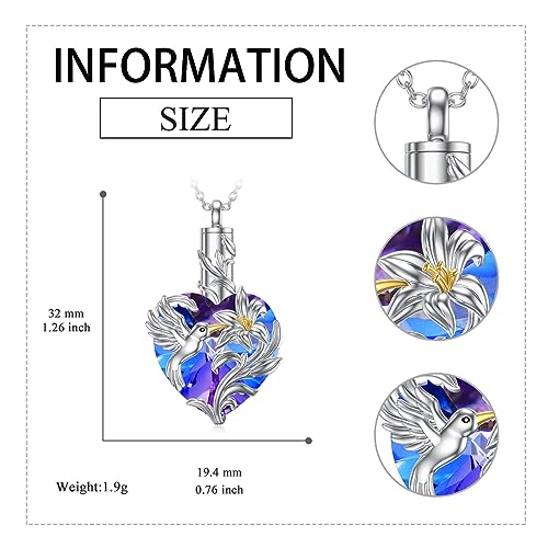 VONALA Hummingbird Urn Necklace for Ashes S925 Sterling Silver Hummingbird Cremation Jewelry for Ashes for Women Hummingbird Memory Ashes Keepsake Necklace for Loss Loved Ones Women Purple