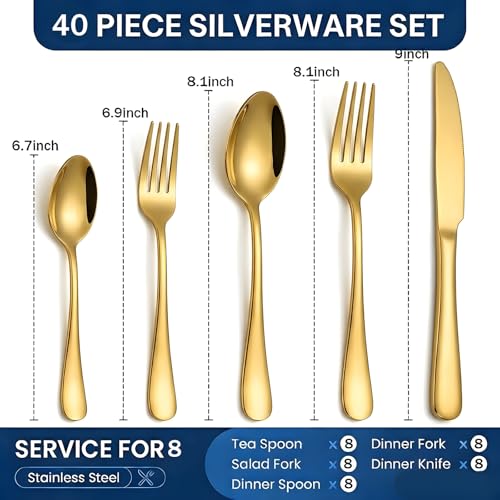 SIAKA 40-Piece Gold Silverware Set, Stainless Steel Flatware Set Service for 8, Food Grade Cutlery Utensil Set for Home Restaurant, Include Knife Forks Spoons Set, Mirror Polished Dishwasher Safe