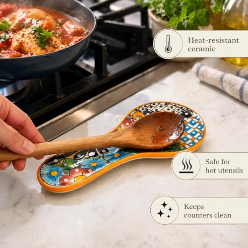 Multicolor Mexican Talavera ceramic spoon rest with floral design by Casa Fiesta Designs, decorative kitchen accessory.