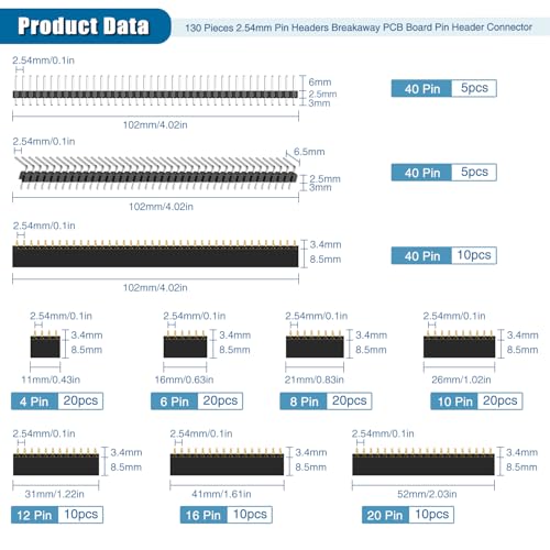 VooGenzek Pack of 130 2.54 mm Straight Single Row Stackable Socket Header, Straight Single Row Board Female Pin Header Socket Connector Strip for Arduino Stackable Shield (4/6/8/10/12/16/20/40 Pin) 4/6/8/10/12/16/20/40 pin male and female