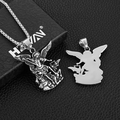 HZMAN Saint Michael Necklace, Stainless Steel St Michael the Archangel Pendant Amulet for Men Women Gift Silver