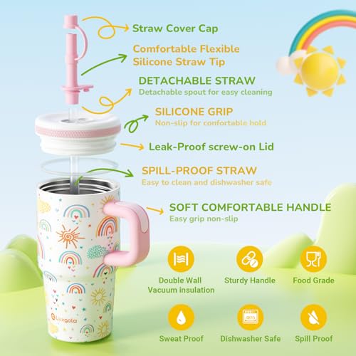 20 Oz Kids Tumbler with Handle, Stainless Steel Cute Water Bottle Pink&Blue 2 Count