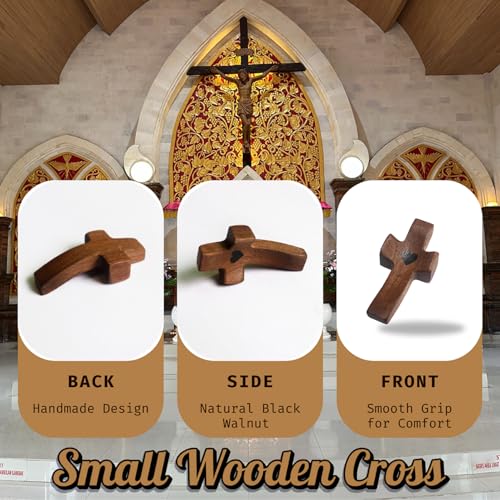 Wooden Cross Fidget My Heart with Organza Bags, Pocket Cross (5pcs) Walnut 5 Pcs