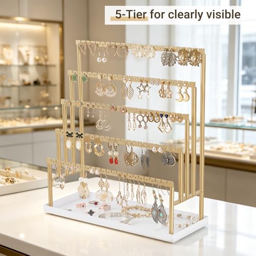 Mkono 5-tier gold earring holder organizer with tray, jewelry display stand for earrings and small accessories.
