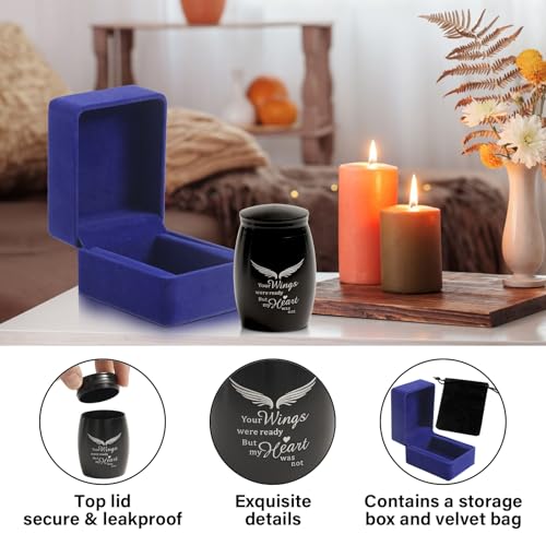 Small Urns for Human Ashes Keepsake,2.7Inch Mini Urns for Human Ashes with Angel Wings,Memorial Gifts for Loss of Loved One - Unique Travel Urn Miniature Ash Holder Tiny Urn,Black black 2.6"X1.7"