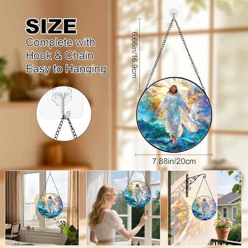 Jesus Stained Glass Sun Catcher 7.88 Inch Home Decor Gift Ocean + Jesus