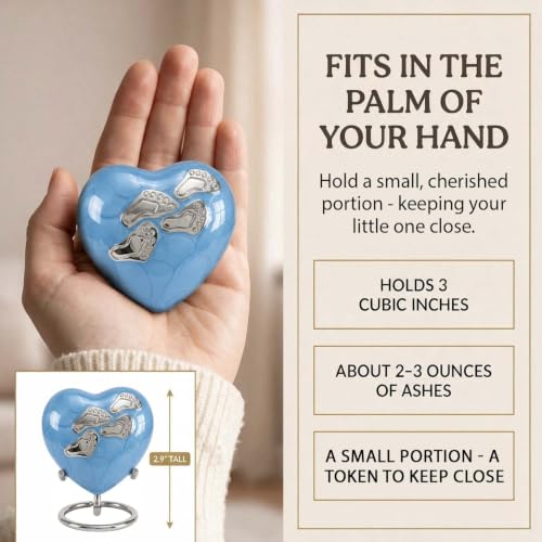 Baby Keepsake Urn for Ashes - Small Heart Memorial Urn for Baby Boy or Girl, Infant or Stillborn Baby - Holds a Small Portion of Ashes (3 Cu in) with Stand and Gift Box (Blue) Blue