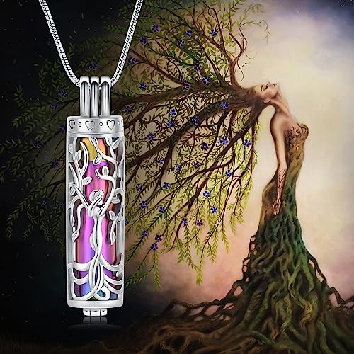 Urn Necklace for Ashes with Hollow Vial Cylinder Cremation Jewelry for Ashes Tree of Life Memorial Jewelry Gifts for Women Girls Ashes Necklace Lockets Ashes Holder for Men Pet Silver-rainbow