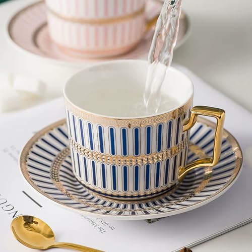 8.45oz European Ceramic Coffee Cup & Saucer Set of 2 with Handle & Gold Spoons, Stripe with Gold Accents, for Latte, Tea, Cappuccino, Gift Boxed for Tea Party, Housewarming Gift (two blue) two blue