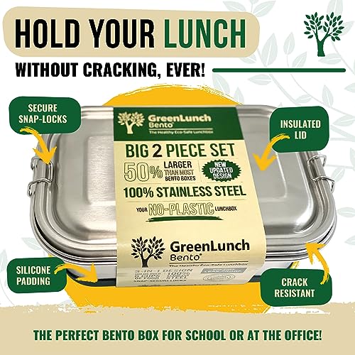 GreenLunch Stainless Steel Bento Box for Adults & Teens, 6 Cup, 2 Piece Green