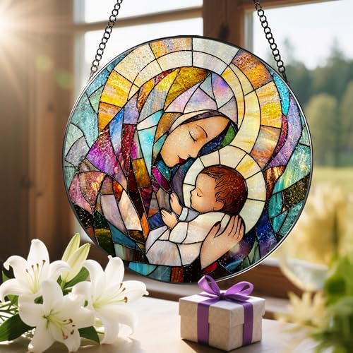 Baby Jesus and The Holy Mother Mary Sun Catcher, 8 Inch Stained Glass Window Hanging, Stained Glass Decor, Christian Home Decor, Christian Gifts for Women, Religious Gifts for Women Virgin Mary