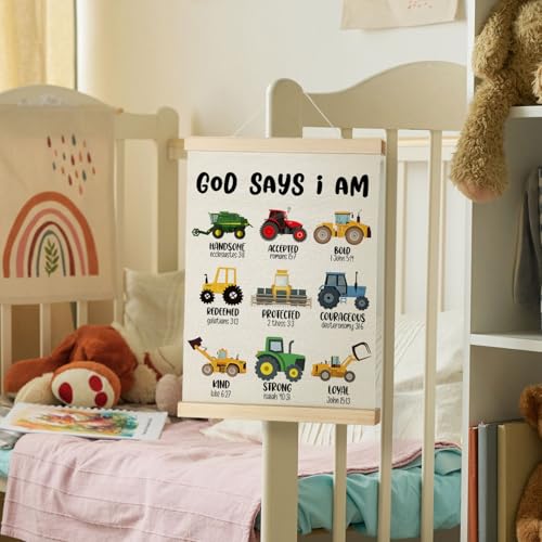 Nrleey Construction Bible Verses Wall Decor with Wooden Poster Hanger - Construction Room Decor for Boys, God Says I Am Christian Wall Art Posters for Little Boys Room Playroom Nursery, 12x16 Inch 16"L x 12"W Christian Coquette- 13