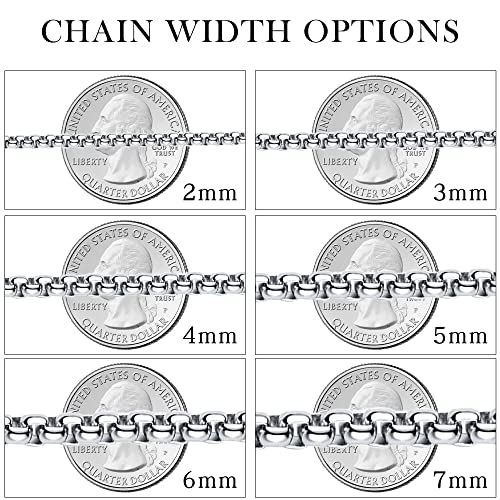Square Rolo Chain Necklace Stainless Steel Round Box Necklace for Men & Women 2 mm Wide 26 Inches