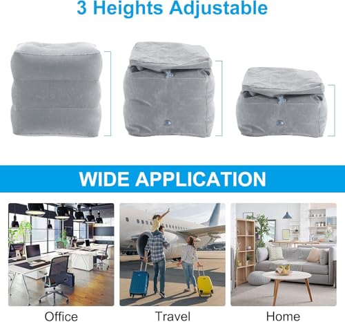 Inflatable Travel Foot Rest Pillow, Adjustable Height Leg Rest Pillow, Flat Bed Extended for Kids and Toddlers, Great for Travel Airplane, Train, Car, Bus, Home, Office, Camping. (Light Grey)