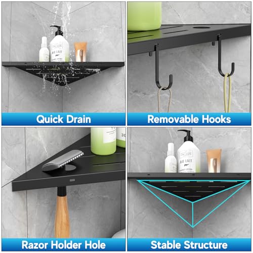 Corner Shower Shelves, 10" Matte Black 304 Stainless Steel Recessed Shelf for Bathroom，Grout in Shelf with Hooks for Tiled Wall 2 Pack (Black)