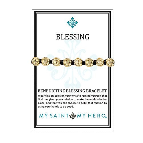 My Saint My Hero Benedictine Blessing Bracelets – Handwoven Spiritual Protection with Medals Hand-Cast In Italy at Sacred Site Tan/Gold