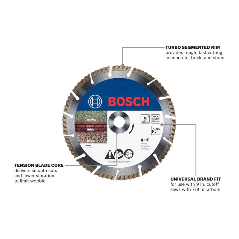 [Australia - AusPower] - BOSCH DB944 9 in. Premium Turbo Segmented Rim Diamond Blade | Smoother, Faster Cuts | Concrete, Brick, Stone | Standard Angle Grinders 9" DIAMETER 