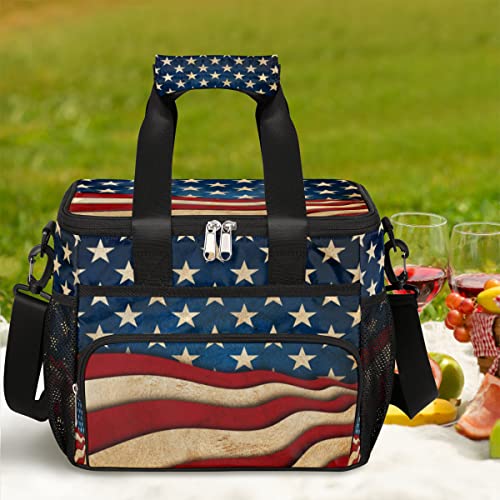 Insulated Cooler Lunch Bag Usa American Flag Vintage Lunch Box Leakproof Large Tote Bag Reusable for Women Men Picnic Travel (15L)
