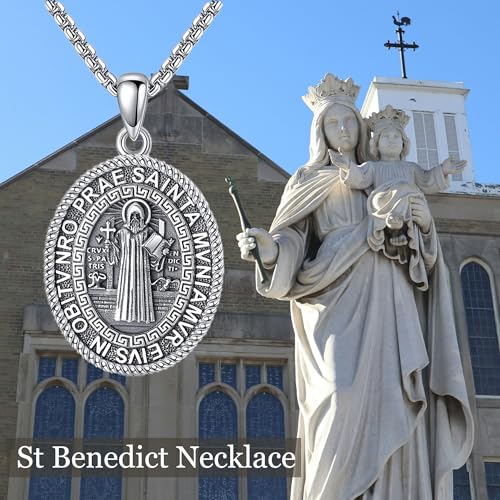 YAFEINI St Benedict Necklace 925 Sterling Silver Patron Saint Benedict Medal Pendant Amulet Protection Religious Jewellery Gifts for Women Men