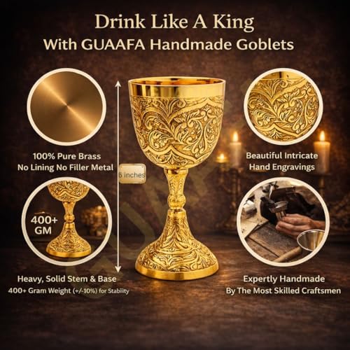 GUAAFA Medieval Goblet Vintage Chalice 6" - 1x Handmade Brass Drinkware for Royal Wedding Anniversary Christmas Gifts 7oz -King Arthur Renaissance Ceremonial Wine Glass (King & Queen Chalice)