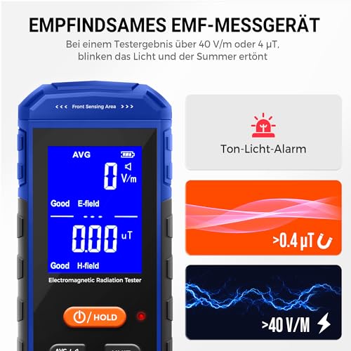 EMF Meter, EF/MF Detector - Blue | Rechargeable EMF meter, portable hand-held electromagnetic fields, digital LCD display