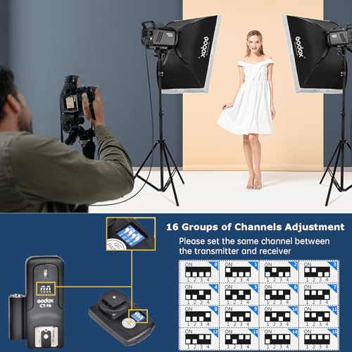 Godox CT-16 Wireless Radio Flash Trigger Receiver Kit,433MHz 4 in 1 Transmitter with 3pcs Receiver Compatible for Canon Nikon Sony Pentax Olympus DSLR Camera Flash Trigger,Studio Strobe Lighting