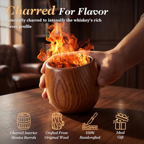 ENLOY Charred Wooden Bourbon Drinking Glass Set with Ice Stones & Tongs