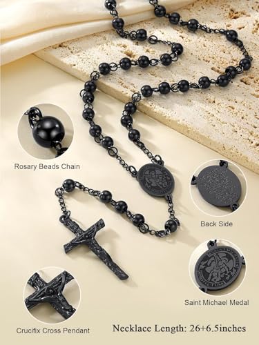 FaithHeart Rosary Beads Catholic Necklace for Men, St Michael/St Christopher/Virgin Mary Prayer Rosaries with Crucifix Cross Stainless Steel Praying Rosary Necklace Saint Michael-Black Steel Bead