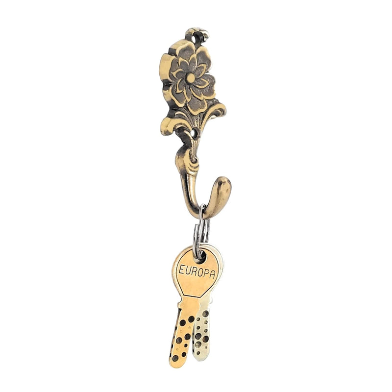 FAPBADRI Multipurpose Hooks, Used to Hang Clothes, Bags, Coats, Curtain Hold Backs, Keys, Colour - Antique Gold, Material - Brass, Flower Design, Screws and Wallplugs Included, Pack of 2 Pieces Antique Gold Flower Hook - 2pcs