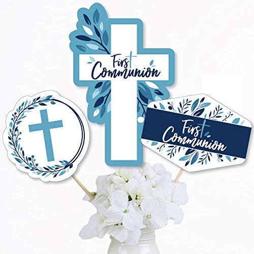 First Communion Blue Elegant Cross Centerpieces - Table Toppers - 15pc