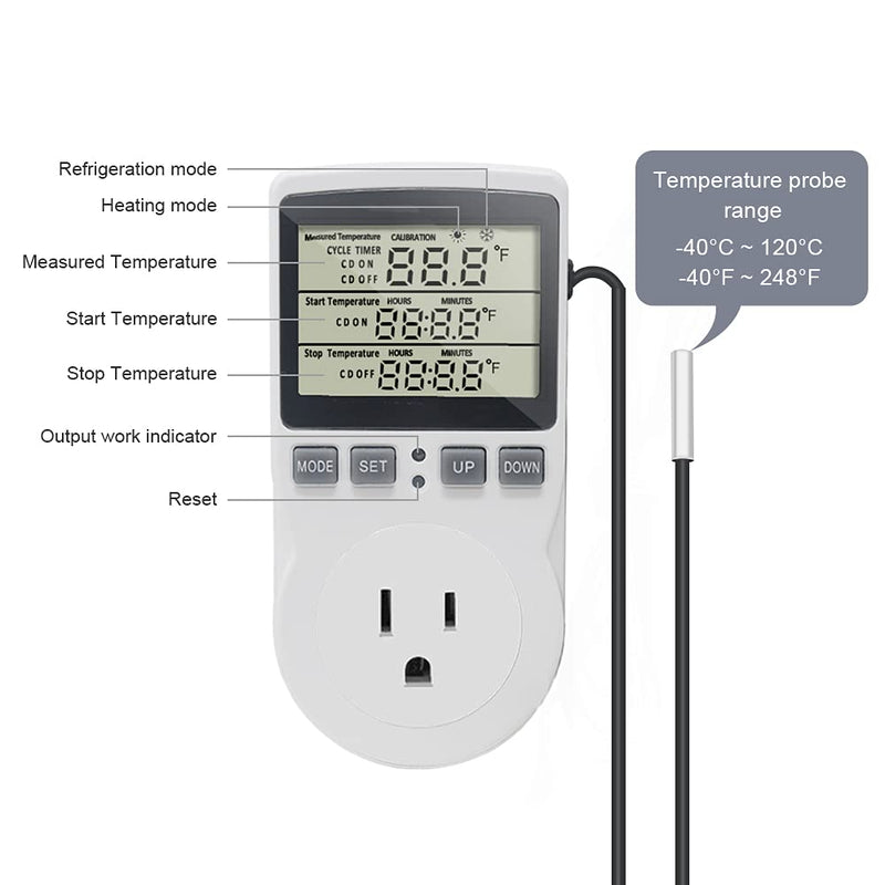 Digital Thermostat Plug Socket Temperature Controller Outlet 3m Probe 120V 15A 1800W C F Heating Cooling Control for Incubator Brewing Incubator Greenhouse Terrarium Heat Mat KT3100 No backlight