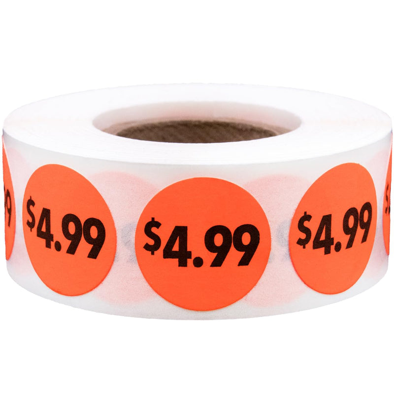 Fluorescent Red 4.99 Circle Dot Stickers, 3/4 Inch Round Price Labels, 500 Total Adhesive Stickers on a Roll for Retail Pricing, Inventory, Sales, and Promotions – Made in The USA $4.99