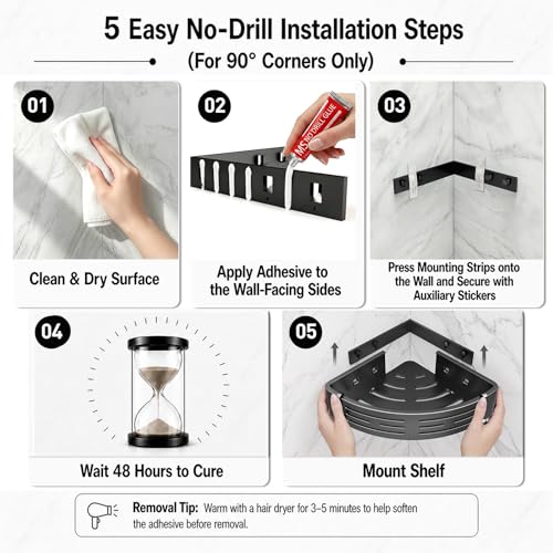 Maxoklife adhesive shower corner caddy shelf mounted in a bathroom, holding toiletries without drilling or hardware.