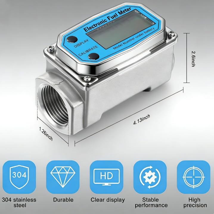Turbine Flow Meter Mini Digital Turbine Flow Meter Diesel Fuel Kerosene Petrol Flow Meter 15-120L 1 Inch NPT (Blue) Blue