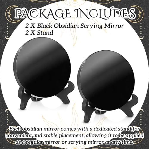 Kathfly 2 Pcs Obsidian Scrying Mirror 3.94 in with Wood Stand 3.94 in/10 Cm