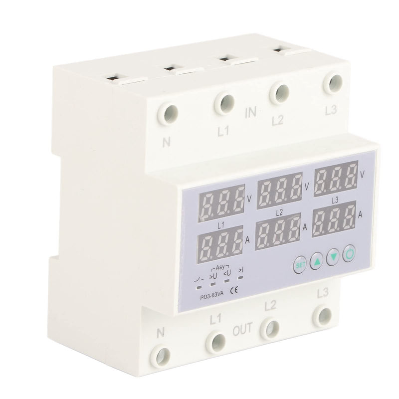 3 Phase DIN Rail Voltmeter Voltage and Current Protector Digital Display 3 Phase Voltage Monitoring Sequence Relay AC 390‑500V (63A) 63A