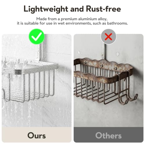 Shower Caddy Hanging, Never Rust Shower Organizer Hanging, Aluminum Shower Racks for Inside Shower with Hooks for Razor, Bathroom Organizers and Storage with Soap Holder, Bright Silver