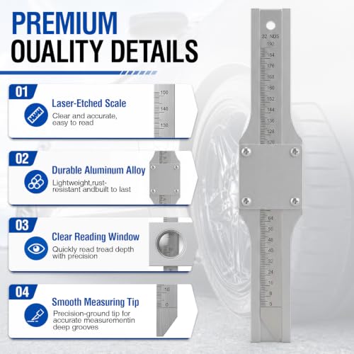 Hicarer 7-inch aluminum tire tread depth gauge for vehicle inspection and auto repair<|end|>