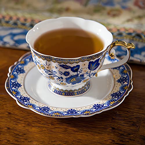 ACMLIFE Bone China Tea Cups and Saucers, 6.8 oz Tea Cup and Saucer Set, with Gold Trim and Gift Box, Blue and White (Blue-D) Blue-D