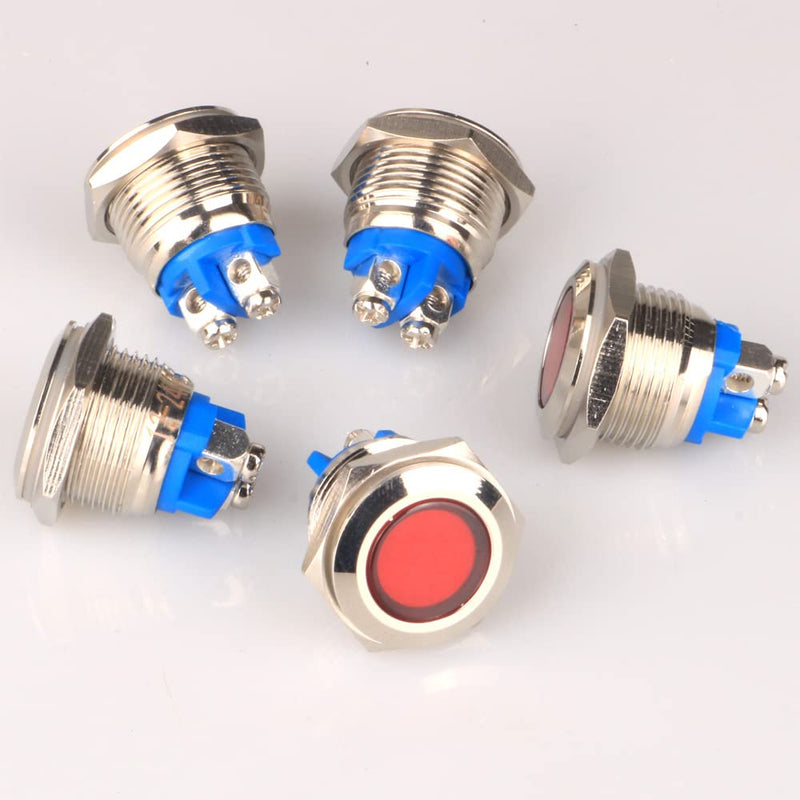 GUUZI 5pcs 12V-24V 16mm LED Metal Indicator Light Waterproof Signal Lamp with Wire (Red) Red