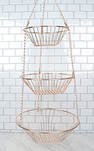 RSVP International hanging storage collection with three copper wire baskets, 3-tier design for organized kitchen or home use.