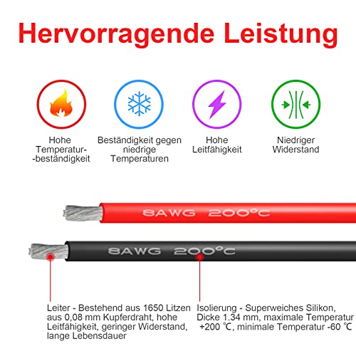 Henakmsl 8AWG Silicone Cable 5m 8.29mm² Red/Black | 2.5m Red + 2.5m Black, Highly Flexible Tinned Copper Stranded Wire for RC, Car, Marine and Electronics 8AWG(2.5M+2.5M)