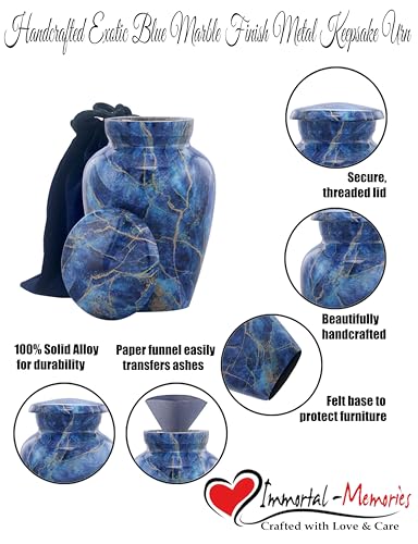 Marble Finish Keepsake Sharing Urn – Mini Metal Cremation Urn for Human or Pet Ashes – Small Memorial Token Urn with Velvet Bag & Funnel – A Perfect Tribute & Gift for Families (Exotic Blue) Exotic Blue