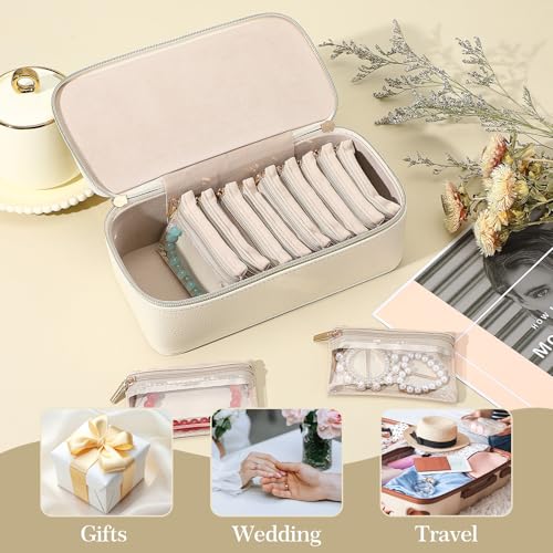 Small Jewelry Travel Case with 12 Velvet Pouches, Travel Jewelry Bag Organizer with Handle for Women Girls, Compact Jewelries Box for Earrings, Bracelets, Necklaces and Rings (White)