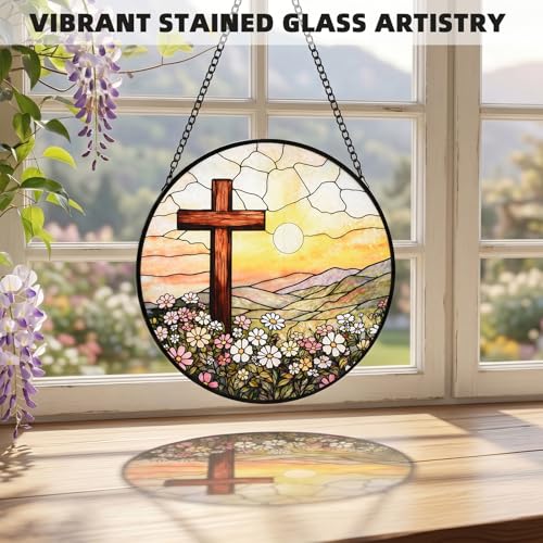 8 Inch Stained Glass Cross Sunset for Windows Hanging, Stained Glass Gift, Christian Gifts, Religious Gifts, Christian Cross, Window Decor, Religious Faith Gift for Easter, Mother's Day, Christmas Cross & Sun