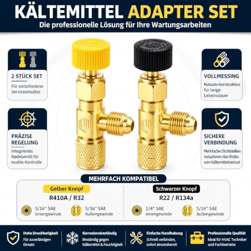 2x Refrigerant Adaptor with Needle Valve R410A R32 R22 | Set of 2 brass safety adapters for R410A, R32, R22 and R134a with precise flow control